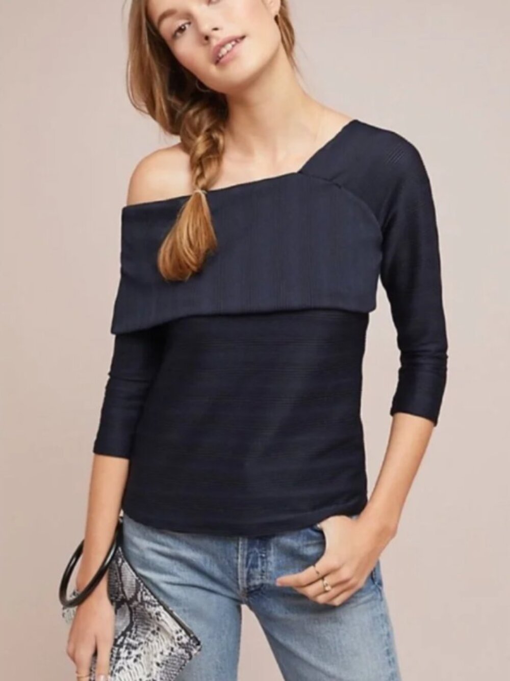 Anthropologie (Blue Tassel) Off the Shoulder Navy Top – Size L